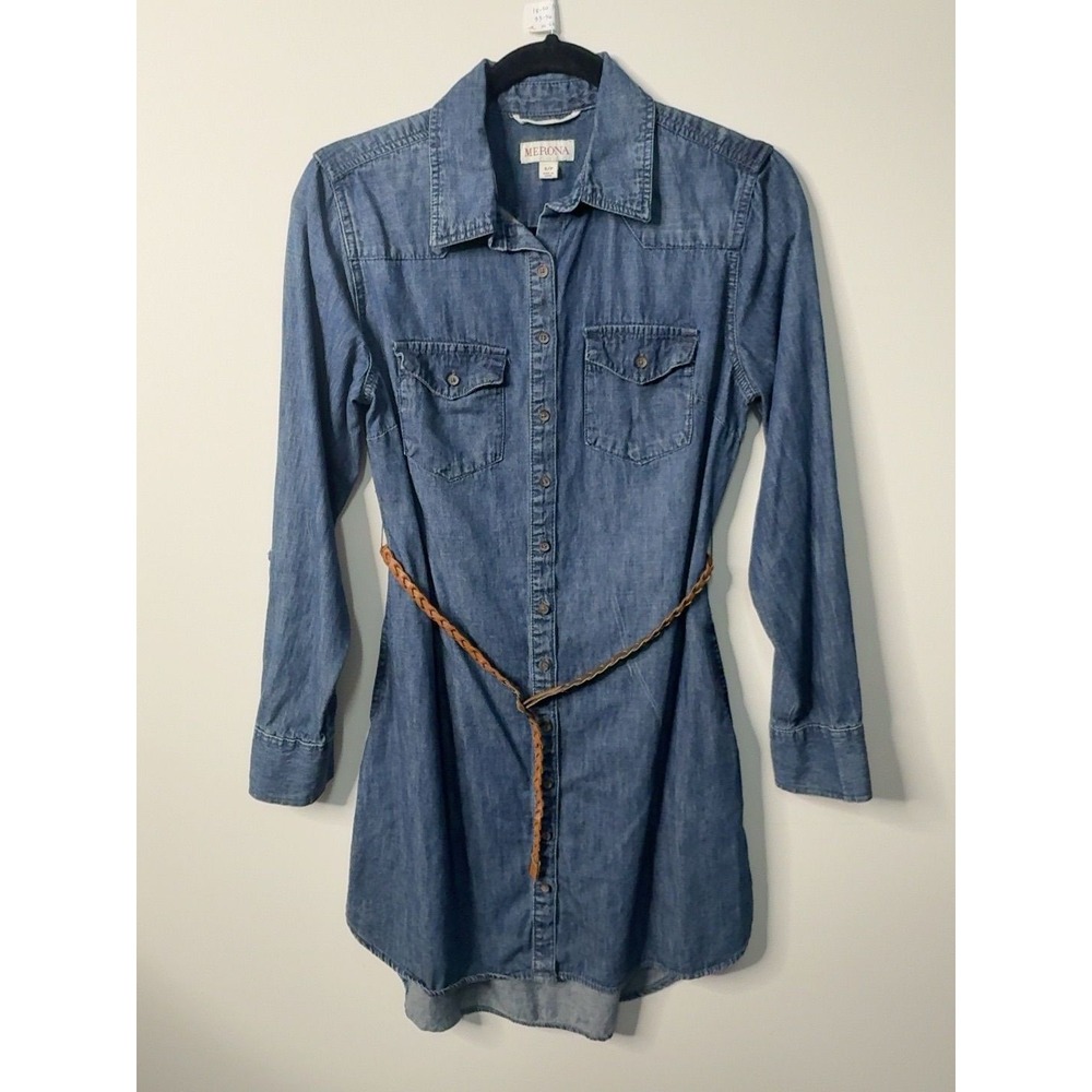 Merona Classic Blue Chambray Belted Button-up Shirt Dress Small